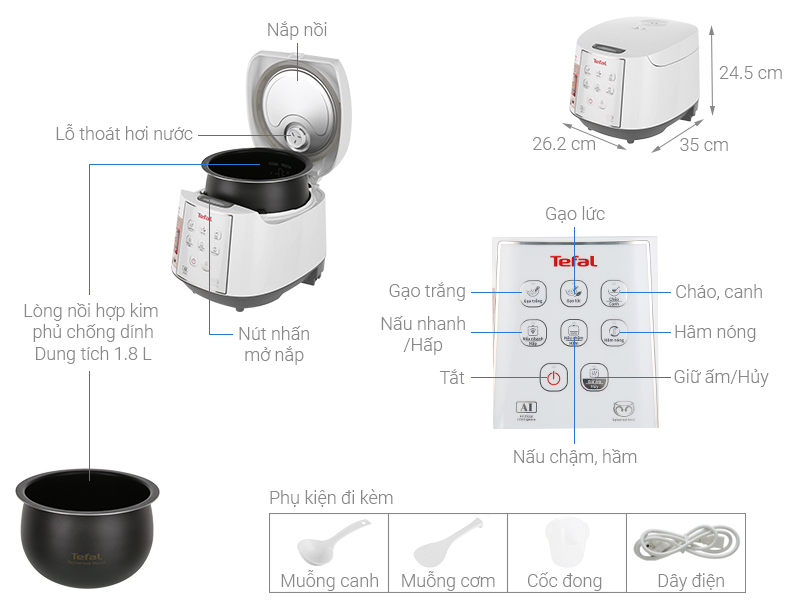 Thông số kỹ thuật Nồi cơm điện tử Tefal 1.8 lít RK732168