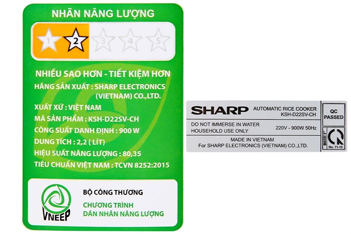 Nồi cơm điện nắp rời Sharp 2.2 lít KSH-D22SV-CH Màu Trắng