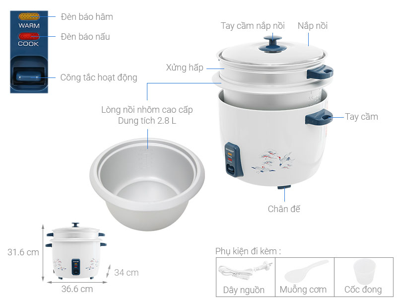Nồi cơm điện nắp rời Sharp 2.8 lít KSH-D28SV-CR