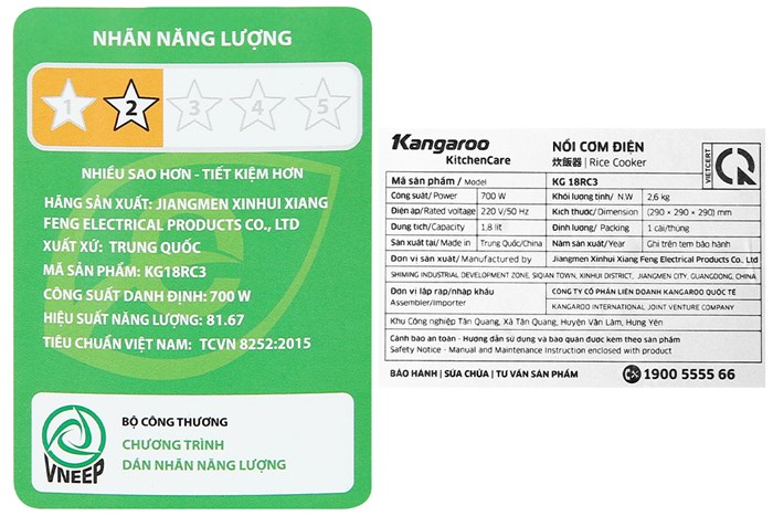 Nồi cơm nắp gài Kangaroo 1.8 lít KG18RC3 Màu Trắng