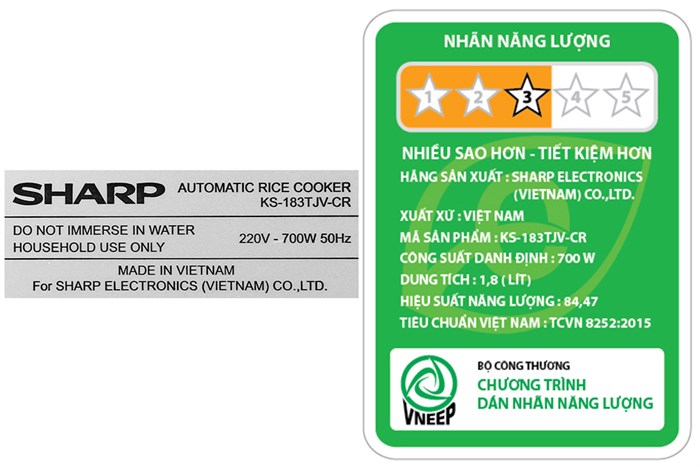 Nồi cơm nắp gài Sharp 1.8 lít KS-183TJV-CR Màu Trắng