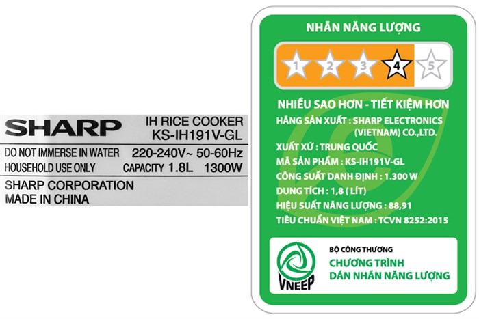 Nồi cơm cao tần Sharp 1.8 lít KS-IH191V-GL Màu Vàng đồng