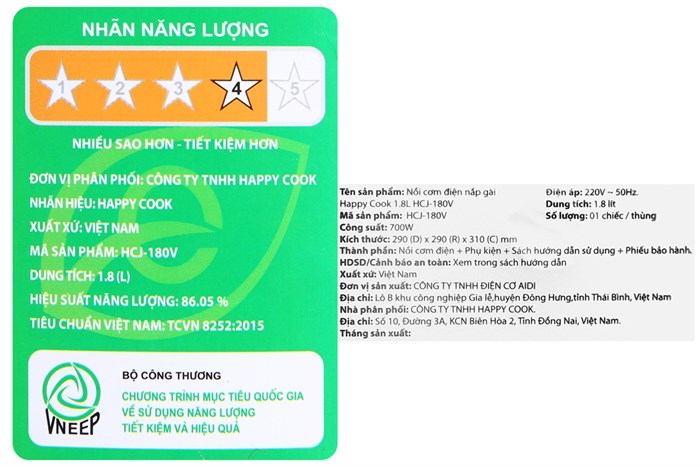 Nồi cơm nắp gài Happycook 1.8 lít HCJ-180V Màu Trắng - Đen