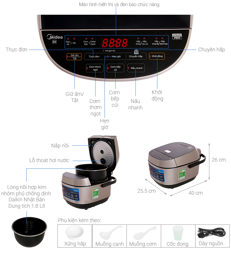 Nồi cơm cao tần Midea 1.8 lít MB-HS5008