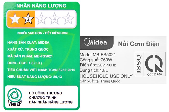 Nồi cơm điện tử Midea 1.8 lít MB-FS5021 Màu Trắng - Xám