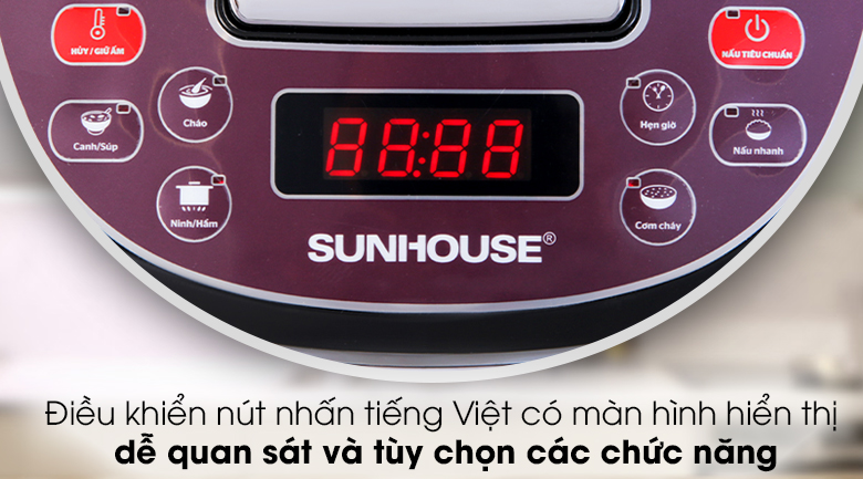 Nồi cơm điện tử Sunhouse SHD8909 1.8 lít - Điều khiển nút nhấn chỉ dẫn tiếng Việt có màn hình hiển thị rõ ràng dễ thao tác