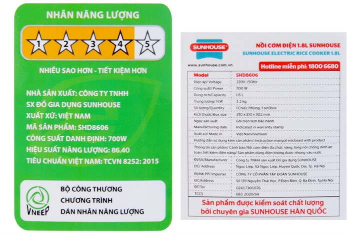 Nồi cơm nắp gài Sunhouse 1.8 lít SHD8606 Màu Trắng
