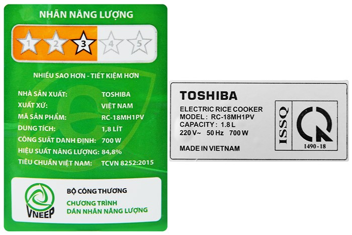 Nồi cơm nắp rời Toshiba 1.8 lít RC-18MH1PV(F) Màu Trắng