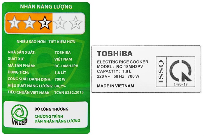 Nồi cơm nắp rời Toshiba 1.8 lít RC-18MH2PV(F) Màu Trắng