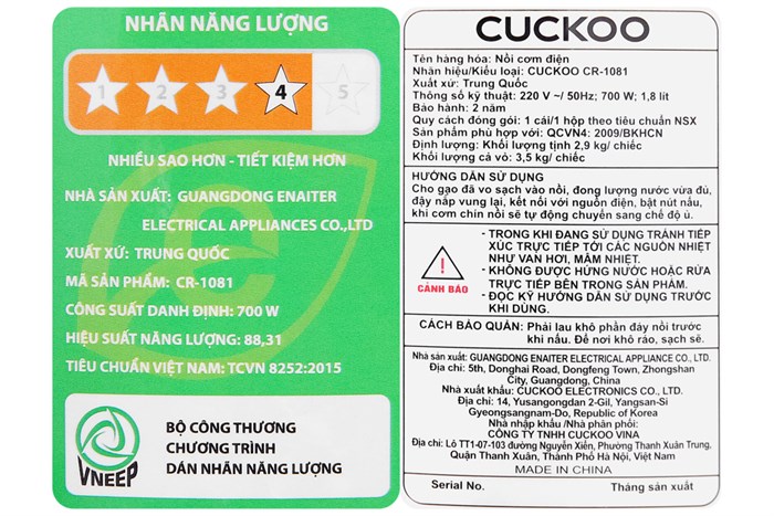 Nồi cơm nắp gài Cuckoo 1.8 lít CR-1081 Màu Đỏ