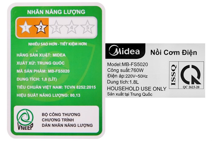 Nồi cơm điện tử Midea 1.8 lít MB-FS5020 Màu Xám nhạt