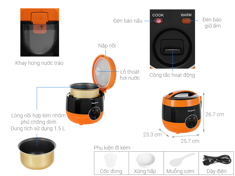 Nồi cơm điện nắp gài Kangaroo KG825 1.5 lít