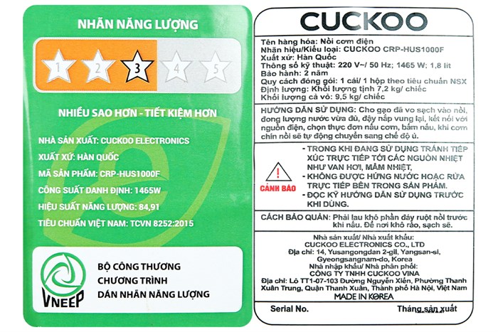 Nồi cơm áp suất cao tần Cuckoo 1.8 lít CRP-HUS1000F Màu Đen - Đỏ