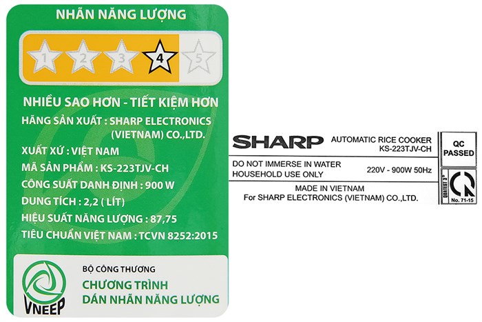 Nồi cơm nắp gài Sharp 2.2 lít KS-223TJV-CH Màu Trắng