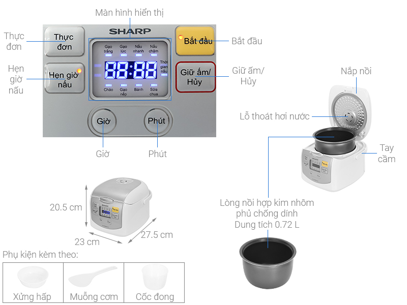 Nồi cơm điện tử Sharp KS-COM08V-SL 0.72 lít