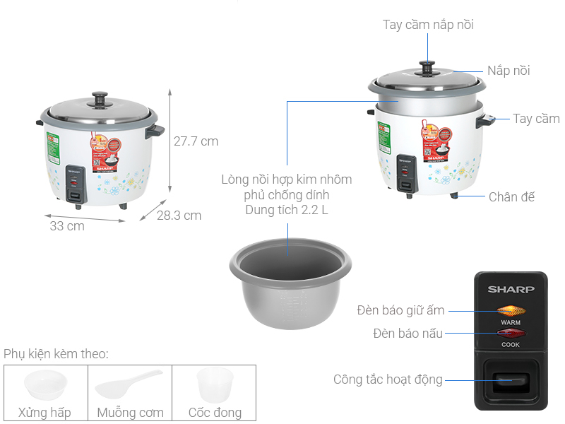 Nồi cơm nắp rời Sharp KSH-228SNV-SF 2.2 lít