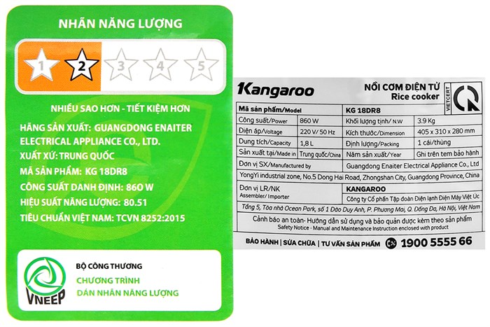 Nồi cơm điện tử Kangaroo 1.8 lít KG18DR8 Màu Đen - Vàng đồng