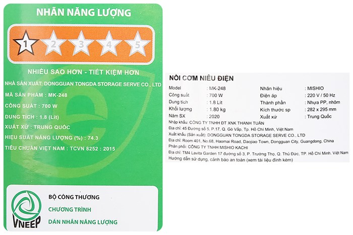 Nồi cơm nắp gài Mishio 1.8 lít MK-248 Màu Trắng - Xám