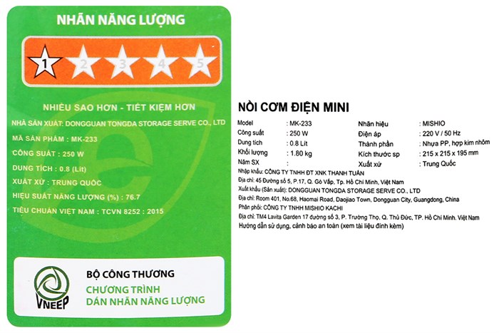 Nồi cơm nắp gài Mishio 0.8 lít MK-233 Màu Trắng