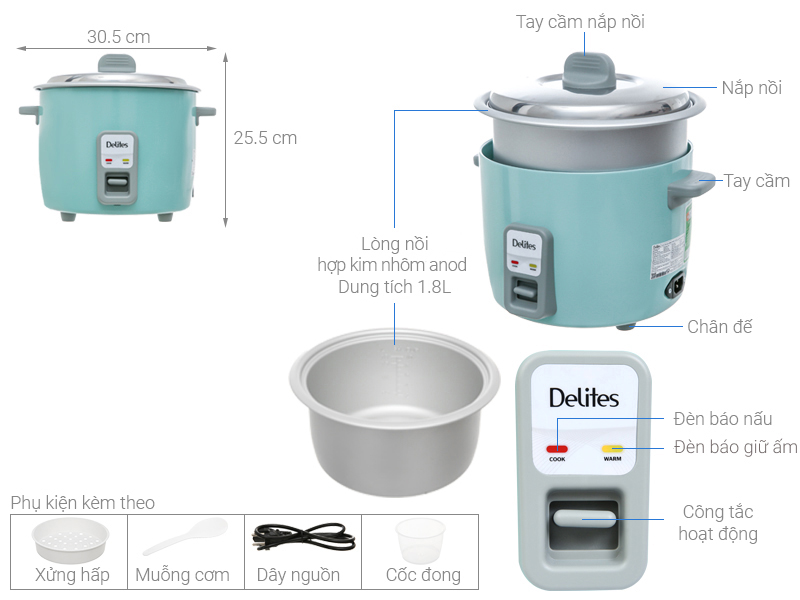 Nồi cơm nắp rời Delites 1.8 lít NCR1802