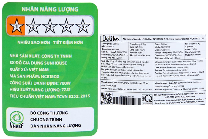Nồi cơm nắp rời Delites 1.8 lít NCR1802 Màu Xanh