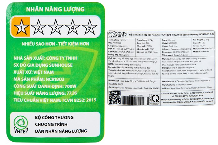 Nồi cơm nắp rời Hommy 1.8 lít NCR1803 Màu Trắng