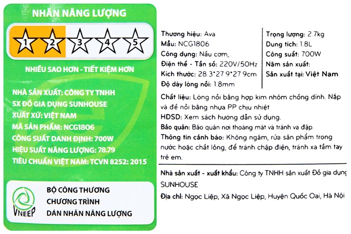 Nồi cơm nắp gài AVA 1.8 lít NCG1806 Màu Xanh ngọc
