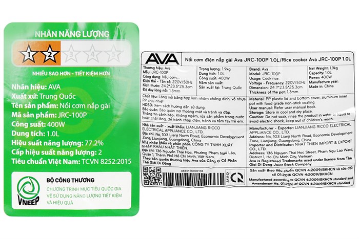 Nồi cơm nắp gài AVA 1 lít JRC-100P Màu Trắng