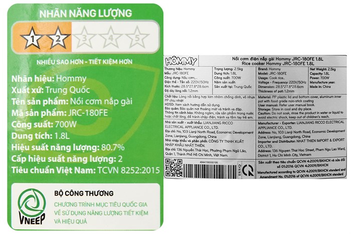 Nồi cơm nắp gài Hommy 1.8 lít JRC-180FE Màu Xám