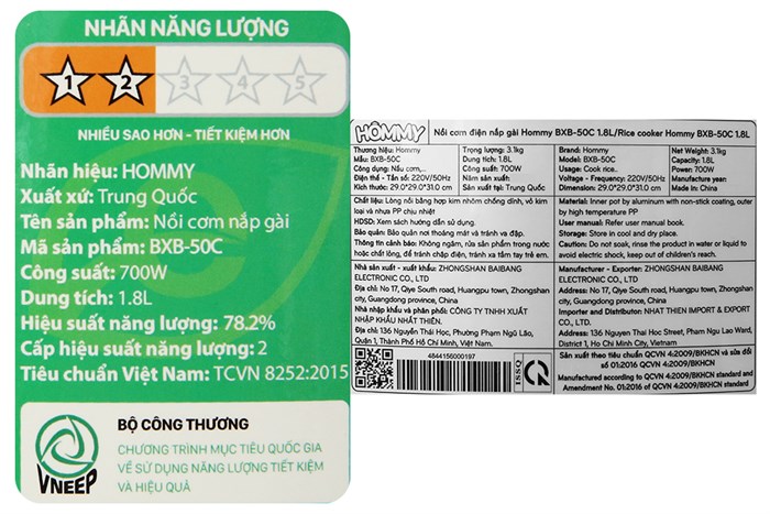 Nồi cơm điện nắp gài Hommy 1.8 lít BXB-50C Màu Trắng