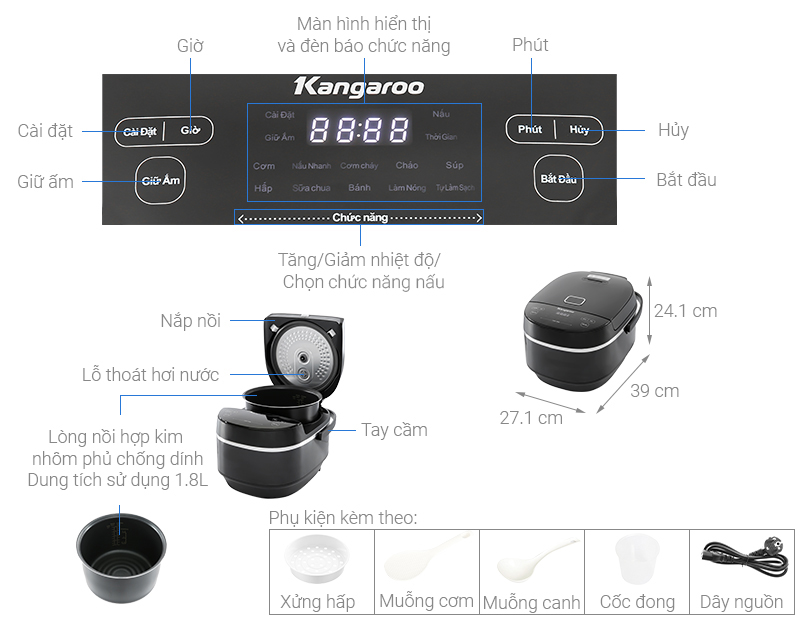 Nồi cơm cao tần Kangaroo 1.8 lít KG18RIH1