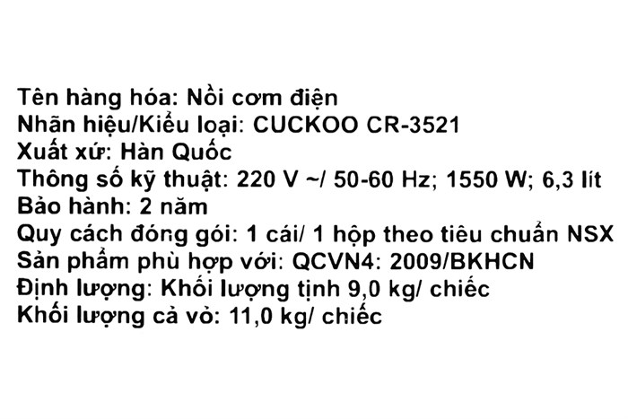 Nồi cơm công nghiệp nắp gài Cuckoo 6.3 lít CR-3521/BKSTVNCV Màu Đen