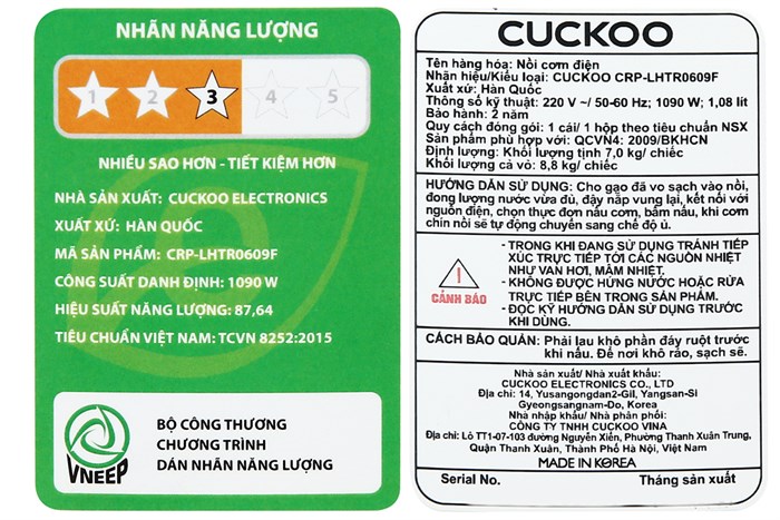 Nồi cơm áp suất cao tần Cuckoo 1.08 lít CRP-LHTR0609F/WHSIVNCV Màu Trắng