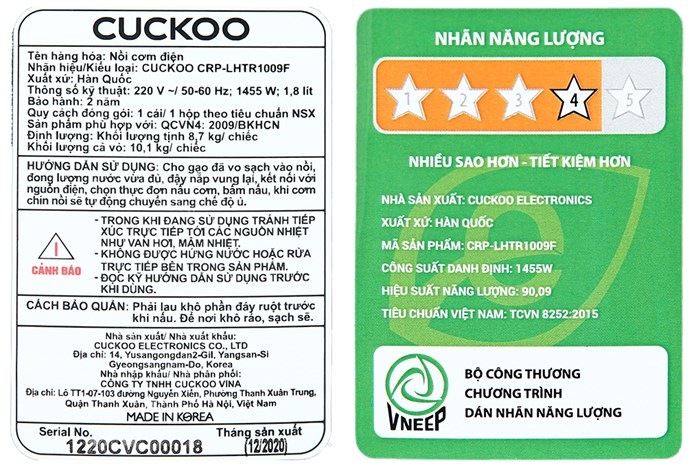 Nồi cơm áp suất cao tần Cuckoo 1.8 lít CRP-LHTR1009F/BKSIVNCV Màu Đen