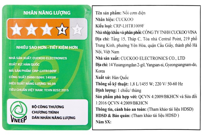 Nồi cơm áp suất cao tần Cuckoo 1.8 lít CRP-LHTR1009F/WHSIVNCV Màu Trắng