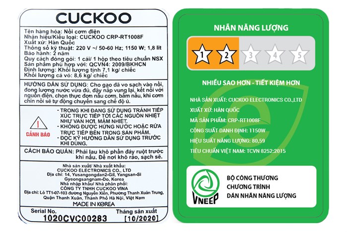 Nồi cơm điện tử áp suất Cuckoo 1.8 lít CRP-RT1008F/BKTSVNCV Màu Đen