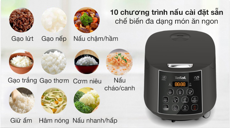 10 chức năng cài đặt sẵn - Nồi cơm điện tử Tefal 1.8 lít RK736B68