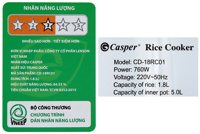 Nồi cơm điện tử Casper 1.8 lít CD-18RC01 Màu Tím nhạt