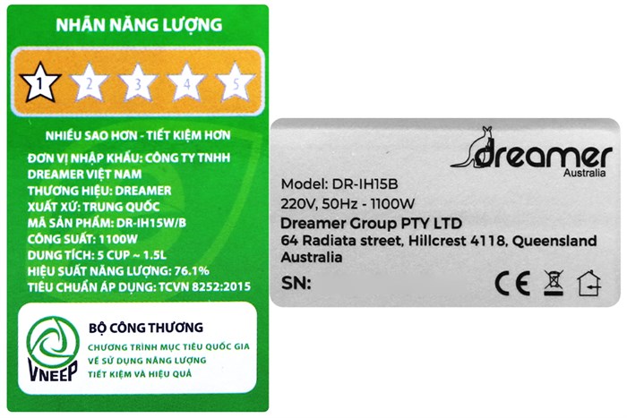 Nồi cơm cao tần Dreamer 1.5 lít DR-IH15B Màu Đen