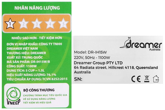 Nồi cơm cao tần Dreamer 1.5 lít DR-IH15W Màu Trắng