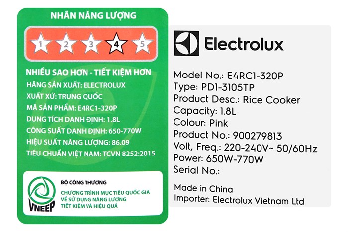 Nồi cơm nắp gài Electrolux 1.8 lít E4RC1-320P Màu Hồng
