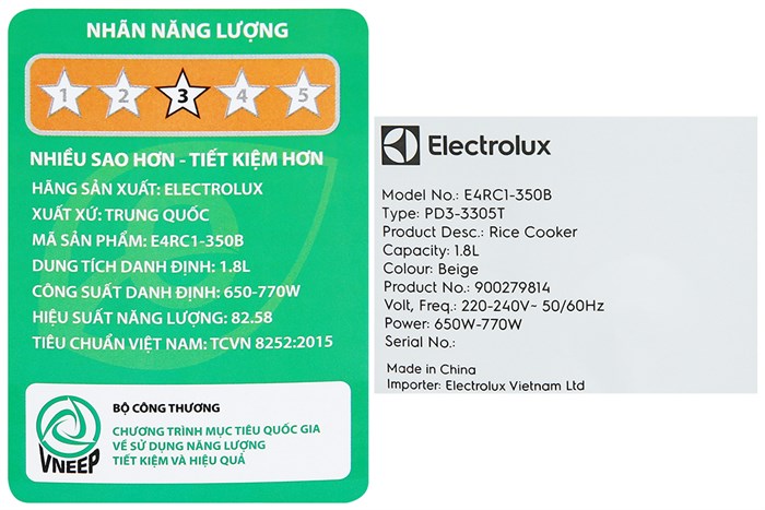 Nồi cơm nắp gài Electrolux 1.8 lít E4RC1-350B Màu Kem