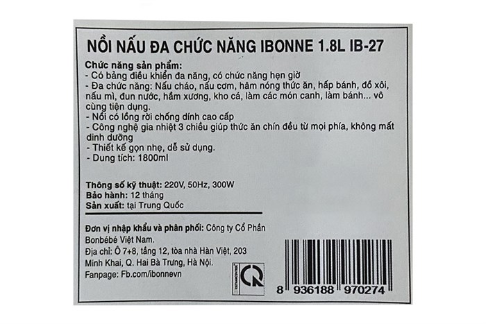 Nồi cơm điện tử đa năng iBonne 1.4 lít IB-27 Màu Trắng
