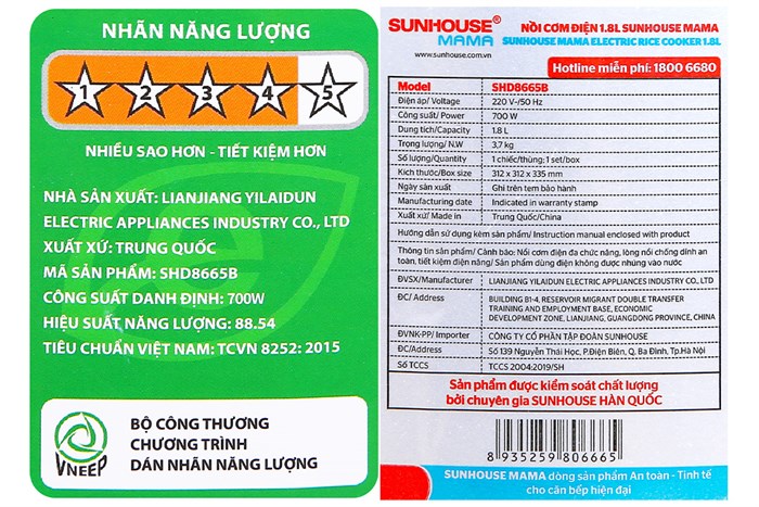 Nồi cơm nắp gài Sunhouse Mama 1.8 lít SHD8665B Màu Xanh ngọc