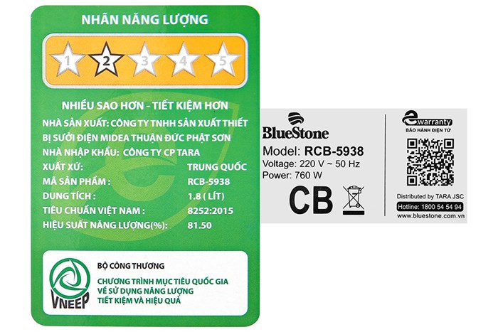 Nồi cơm điện tử BlueStone 1.8 lít RCB-5938 Màu Nâu