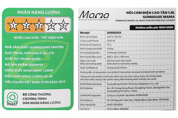 Nồi cơm cao tần Sunhouse Mama 1.8 lít SHD8959 Màu Đen - Xám