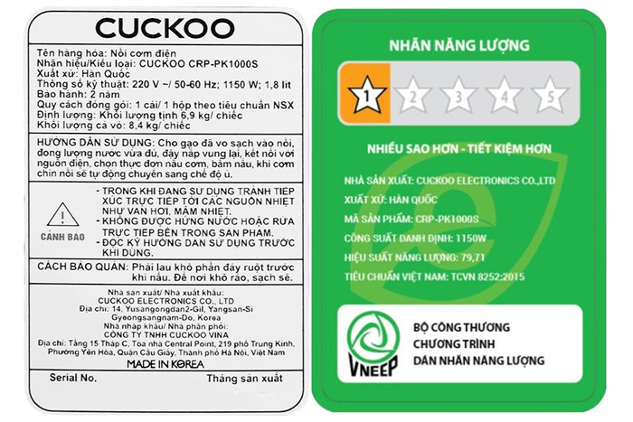 Nồi cơm điện tử áp suất Cuckoo 1.8 lít CRP-PK1000S/BKCGVNCV Màu Đen - Vàng