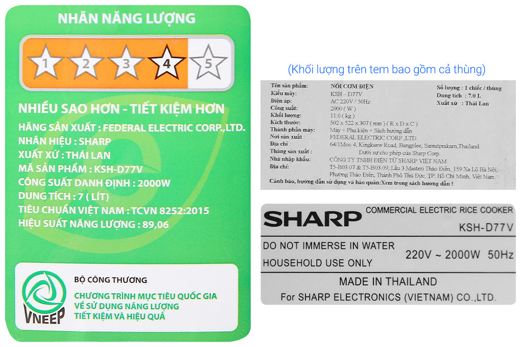 Nồi cơm nắp rời Sharp 7 lít KSH-D77V Màu Trắng