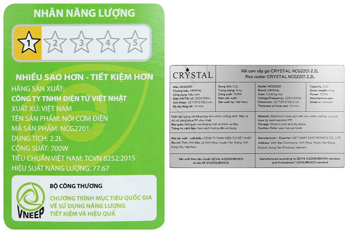 Nồi cơm nắp gài Crystal 2.2 lít NCG2201 Màu Đen - Bạc