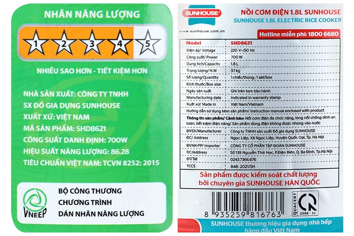 Nồi cơm nắp gài Sunhouse 1.8 lít SHD8621 Màu Trắng - Xanh lá